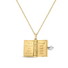 Yellow and white gold necklace showing fourth and fifth page of book pendant on a white white background