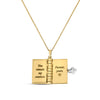 Yellow and white gold necklace showing sixth and sixth page of book pendant on a white white background