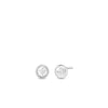The Roberto Coin CLASSIC DIAMOND EARRINGS feature round silver studs, each with a central diamond in a smooth bezel setting, displayed on a plain white background for timeless style.