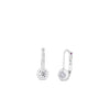 The TINY TREASURES DIAMOND BEZEL EURO EARRINGS by Roberto Coin feature single round diamonds in silver bezel settings; shown are one earring facing forward and the other from the side to highlight their classic Euro style clasp.
