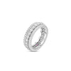 The Roberto Coin SIENA DIAMOND 1 ROW RING is an elegant 18K gold band featuring a single row of round diamonds encircling the ring, complete with a signature ruby inside and intricate inner details, shown on a white background.
