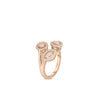 The DOLCETTO THREE STONE DIAMOND RING by Roberto Coin features 18K rose gold, three diamond settings, and intricate beaded detailing in a modern clustered design.