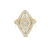 The DIAMANTE DIAMOND RING by Roberto Coin is an 18K gold ring with a bold diamond-shaped design, concentric rows of white diamonds, and a central round diamond, all set on a plain gold band.
