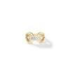 The DESIGNER GOLD PRINCESS CUT RING by Roberto Coin features an interlocking chain design in 18K gold with a central rectangular section adorned with four square-cut diamonds, shown on a white background.