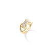 The DESIGNER GOLD PRINCESS CUT RING by Roberto Coin features a twisted 18K gold band and a rectangular center with three sparkling diamonds, showcased on a white background.