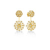 Yellow gold double dandelion flower drop earrings with diamonds on a white background.