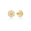 Yellow gold dandelion inspired earrings with diamond tips on a white background