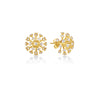 Yellow gold dandelion inspired earrings with diamond tips on a white background