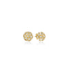 The DANDELION DIAMOND SMALL STUD EARRINGS by Roberto Coin feature a circular cluster design in 18K gold with clear gemstones in a diamond pave style, evoking a dandelion flower, shown on a white background.