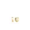 The Roberto Coin DESIGNER GOLD MINI HOOP EARRINGS, crafted in polished 18K gold, are shown against a white background—one earring from the front and the other from the side—highlighting their simple, classic designer style.