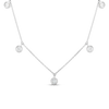 The DIAMONDS BY THE INCH DANGLING FIVE STATION NECKLACE by Roberto Coin features five round bezel-set diamonds dangling from a silver chain, perfect for layering and shown on a plain white background.