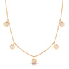 The Roberto Coin DIAMONDS BY THE INCH DANGLING FIVE STATION NECKLACE features five round diamonds in gold bezels on an 18K gold chain, ideal for layering and shown on a plain white background.
