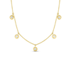 The Roberto Coin DIAMONDS BY THE INCH DANGLING FIVE STATION NECKLACE features five round bezel-set diamonds on a fine 18K gold chain, elegantly displayed against a plain white background.