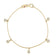 Yellow gold bracelet with five dangling diamond stations on a white background