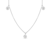 The Roberto Coin DIAMONDS BY THE INCH DANGLING THREE STATION NECKLACE is a delicate silver necklace featuring three evenly spaced bezel-set round diamond pendants, beautifully displayed on a white background.
