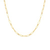 Yellow gold paperclip link chain necklace on a white background