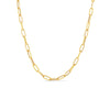 Yellow gold paperclip link chain necklace on a white background