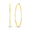 Pair of yellow gold hoop earrings with click down clasps on a white background