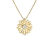 The MARGHERITA DIAMOND FLOWER NECKLACE by Roberto Coin features a daisy-shaped 18K yellow gold pendant with smooth petals and sparkling diamond center, elegantly displayed on a fine gold chain against a white background.