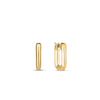 The DESIGNER GOLD SMALL SQUARE HOOP EARRINGS by Roberto Coin are featured, one facing forward to display its hollow 18K yellow gold design and the other turned sideways against a white background—a striking designer accessory.