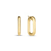 The Roberto Coin DESIGNER GOLD MEDIUM SQUARE HOOP EARRINGS in 18K yellow gold are displayed on a white background, with one earring shown from the side and one from the front to highlight their polished, geometric design.