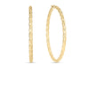 The DESIGNER GOLD LARGE TWISTED HOOP EARRINGS by Roberto Coin are shown in 18K yellow gold; one earring is side-viewed, the other faces forward on a white background—an elegant luxury addition to any collection.