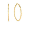 The DESIGNER GOLD MEDIUM TWISTED HOOP EARRINGS by Roberto Coin are displayed against a white background, with one earring shown from the side and the other from the front to highlight their textured 18K yellow gold design.