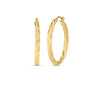 The DESIGNER GOLD TWISTED HOOP EARRINGS by Roberto Coin are shown upright on a white background, featuring one earring facing forward and the other displaying its elegant side profile.