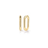 Roberto Coin DESIGNER GOLD ROUNDED RECTANGLE HOOP EARRINGS in 18K yellow gold are displayed on a white background, one upright and one lying flat to show both the side and front views of these geometric earrings.