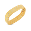 The PRINCESS SATIN FLEUR DE LIS DIAMOND BANGLE by Roberto Coin Staging features wide, textured 18K yellow gold with scattered diamonds and an intricate woven inner band, displayed on a white background.