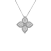 The PRINCESS FLOWER LARGE DIAMOND FLOWER NECKLACE by Roberto Coin showcases a flower pendant with diamond-encrusted petals on a delicate chain, creating an elegant, sparkling look against a plain white background.
