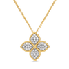 The PRINCESS FLOWER LARGE DIAMOND FLOWER NECKLACE by Roberto Coin showcases a four-petaled flower outlined in 18K gold and adorned with clustered white diamonds on a simple gold chain, set against a white background.