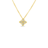 The Roberto Coin PRINCESS FLOWER SMALL DIAMOND NECKLACE showcases a floral 18K gold pendant with four diamond-encrusted petals, elegantly displayed on a plain white background.