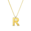 The PRINCESS BLOCK LETTER NECKLACE by Roberto Coin features a textured 18K yellow gold R pendant with a diamond above, suspended from a fine chain and shown against a crisp white background.