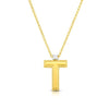 The PRINCESS BLOCK LETTER NECKLACE by Roberto Coin features a textured 18K yellow gold "T" pendant accented with a round clear gemstone at the top, hanging from a delicate gold chain for a personalized touch.