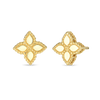 PRINCESS FLOWER SMALL STUD EARRINGS by Roberto Coin: 18K gold earrings feature four-petal floral shapes with textured borders, shown on a plain white background.
