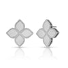 The PRINCESS FLOWER LARGE STUD EARRINGS by Roberto Coin feature 18K white gold in a four-petal floral design with textured, rope-like edges, shown against a plain white background.