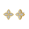 The PRINCESS FLOWER MEDIUM DIAMOND STUD EARRINGS by Roberto Coin feature 18K gold petals, each encrusted with white diamonds and accented by dual-tone gold textured edges.