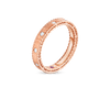 The PRINCESS DIAMOND SATIN BAND RING by Roberto Coin features a slim 18K rose gold band with a textured, braided edge, adorned with round diamonds and a single pink gemstone, shown against a plain white background.