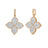 Rose and white gold pave diamond flower drop earrings on a white background