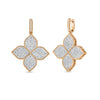 Rose and white gold pave diamond flower drop earrings on a white background