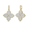 Yellow and white gold pave diamond flower drop earrings on a white background