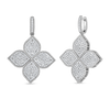 The PRINCESS FLOWER LARGE DIAMOND DROP EARRINGS by Roberto Coin feature four-petal floral motifs encrusted with sparkling diamonds, outlined in detail and set in 18K white gold, shimmering on a plain white background.