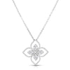 The Roberto Coin GOLD PRINCIPESSA LARGE DIAMOND FLOWER NECKLACE features a flower-shaped pendant with overlapping diamond-adorned petals, suspended from a graceful chain—an elegant and timeless statement piece.