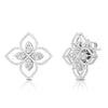The PRINCIPESSA LARGE DIAMOND FLOWER EARRINGS by Roberto Coin feature four petal-shaped gold sections, each with a diamond center, creating a luxurious floral design displayed on a white background.