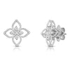 The PRINCIPESSA DIAMOND STUD EARRINGS by Roberto Coin white gold floral designs with sparkling white diamond accents and textured 18K gold borders, shown on a plain white background.
