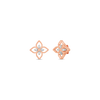 The PRINCIPESSA SMALL DIAMOND STUD EARRINGS by Roberto Coin are rose gold, floral-shaped 18K gold earrings with four marquise petals, small diamonds, and textured edges, shown on a white background.