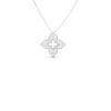 The Roberto Coin PETITE VENETIAN PRINCESS DIAMOND AND SATIN FINISH MEDIUM FLOWER NECKLACE features a detailed four-petal flower pendant with sparkling diamonds, shown on a plain white background.