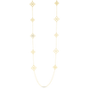 Yellow gold chain necklace featuring open frame flower stations and one open frame pave diamond flower station, shown on a white background