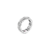 The Roberto Coin Opera Diamond Accent Ring features a woven silver design with intricate textures, diamond accents, beaded edge, shiny finish, and a small red gemstone set inside the band.